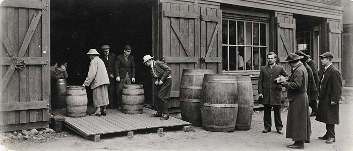 Lidé kupují pivo u rampy pivovaru, historická fotografie